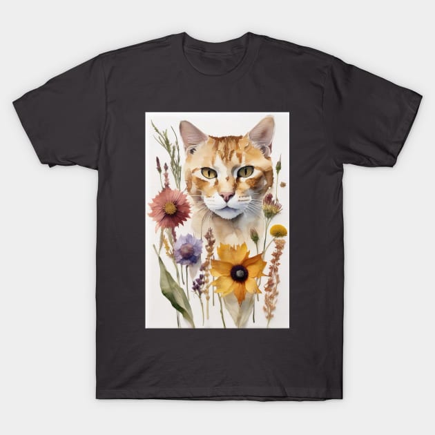 Watercolor Cat With Pressed Wild Flowers T-Shirt by JonHale